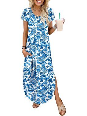 Women's Blue Leaf V Neck Maxi Sundress Summer Casual Short Sleeve Split Pockets